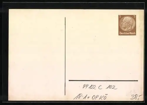 Künstler-AK Ganzsache PP122C102: Königsberg, 40 Jahre Verein der Briefmarkenfreunde 1938, Ganzsache 3 Pfennig