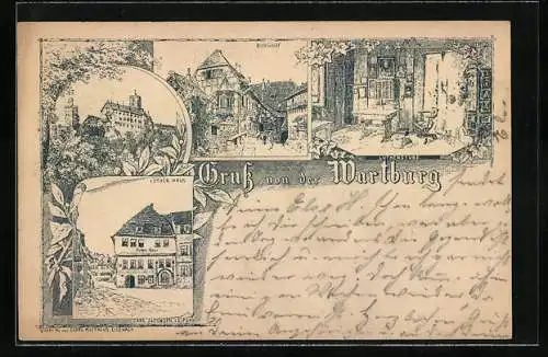 Vorläufer-Lithographie Ganzsache PP9F101 /03: Eisenach, 1892, Wartburg, Luther-Haus, Lutherstube