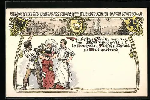 Lithographie Ganzsache PP27C6: Stuttgart, XXV. Verbandstag d. Deutschen Fleischer-Verbandes 1902, Wappen