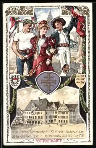 Künstler-AK Ganzsache PP27C105: Heilbronn, 38. Landes-Turnfest 1909, Deutsche Turnerschaft XI Kreis Schwaben