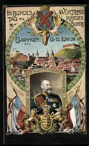 AK Ganzsache PP27C94: Ellwangen, 19. Bundestag des Württemb.-Krieger-Bundes 1908, Wappen