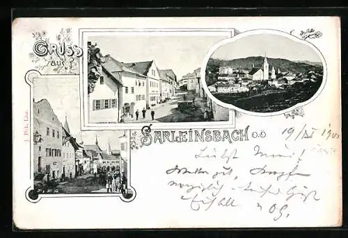 AK Sarleinsbach /O.Ö., Belebte Ortspartien, Gesamtansicht mit der Kirche