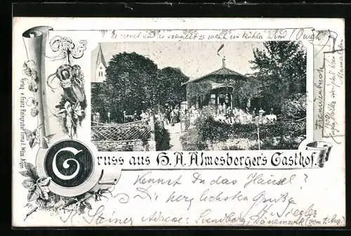 AK Aigen /O.-Oe., Gasthof H. A. Almesberger mit Gartenbereich