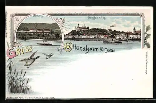 Lithographie Ottensheim a. d. Donau, Ortsansicht mit Dampfer, Withering