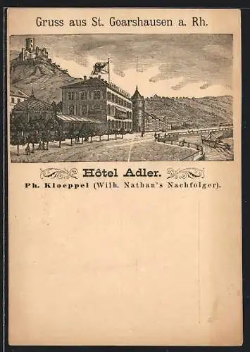 Lithographie St. Goarshausen a. Rh., Hotel Adler von Ph. Kloeppel