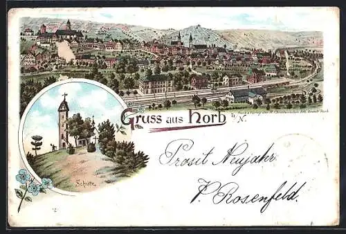 Lithographie Horb a. N., Ortsansicht mit Schütte