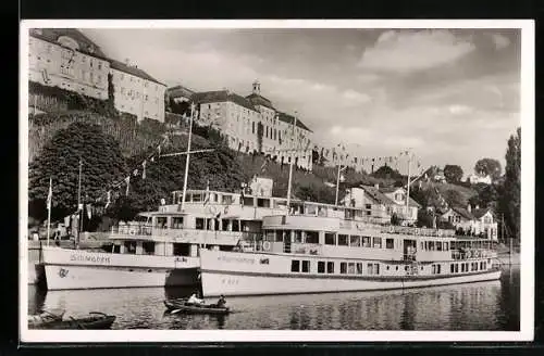 AK Meersburg, Bodensee-Dampfer Schwaben und Ravensburg im Hafen