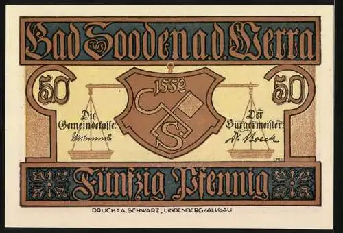 Notgeld Bad Sooden a. d. Werra, 50 Pfennig, Ortspartie an der Apotheke