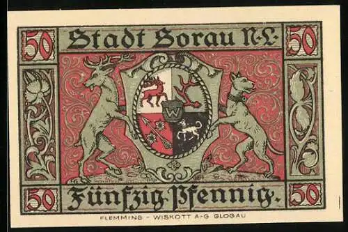 Notgeld Sorau /N.L. 1921, 50 Pfennig, Blick auf das Rathaus