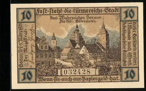 Notgeld Sorau /N.L. 1921, 10 Pfennig, Die drei Getreuen