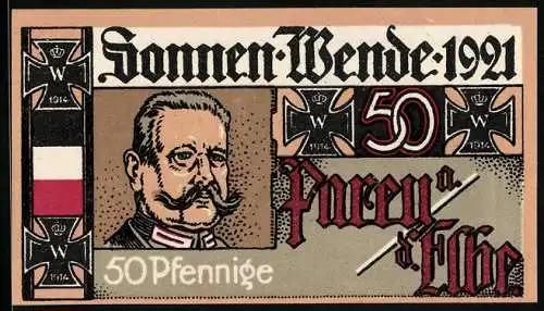 Notgeld Parey a. d. Elbe 1921, 50 Pfennig, Paul von Hindenburg