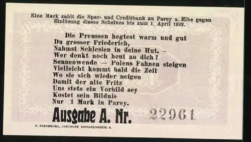 Notgeld Parey a. d. Elbe 1921, 1 Mark, Friedrich der Grosse