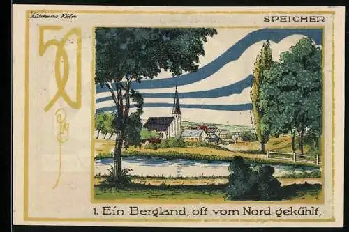 Notgeld Speicher 1921, 50 Pfennig, Ortsansicht im Bergland, Eifelvater Dr. Dronke