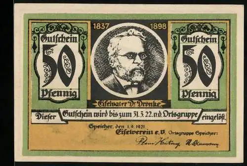 Notgeld Speicher 1921, 50 Pfennig, Bollendorf im Frühling am Fluss