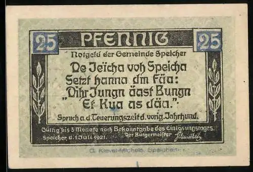 Notgeld Speicher 1921, 25 Pfennig, Alter Mann unterhält die Gaststube