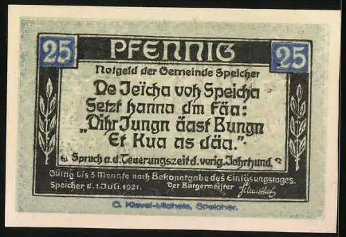 Notgeld Speicher 1921, 25 Pfennig, Ein alter Mann unterhält die Gaststube