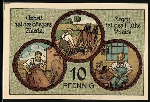 Notgeld Stadtilm 1921, 10 Pfennig, Lederer, Bauer und Schuster