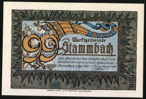 Notgeld Stammbach 1921, 99 Pfennig, Ein alter Mann in Pelzkleidung überblickt die Schneelandschaft