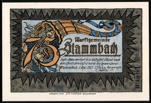 Notgeld Stammbach 1921, 75 Pfennig, Nackte Frau im Weinfeld