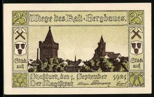 Notgeld Stassfurt 1921, 25 Pfennig, Ortsansicht mit der Kirche