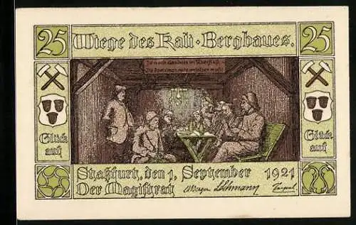 Notgeld Stassfurt 1921, 25 Pfennig, Bergmänner bei der Pause