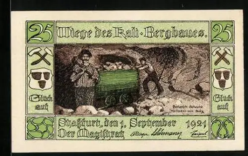Notgeld Stassfurt 1921, 25 Pfennig, Berlepsch-Schacht, Salz wird verladen