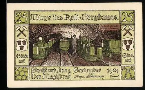 Notgeld Stassfurt 1921, 25 Pfennig, Berlepsch-Schacht, Streckenförderung