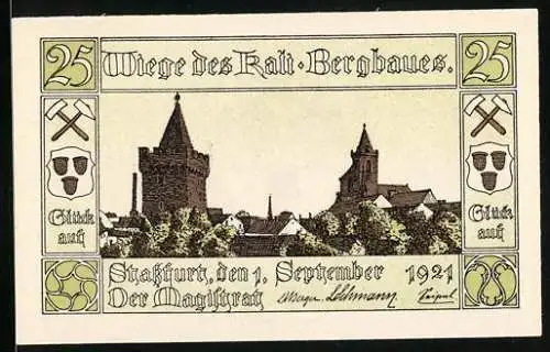 Notgeld Stassfurt 1921, 25 Pfennig, Ortsansicht über die Dächer