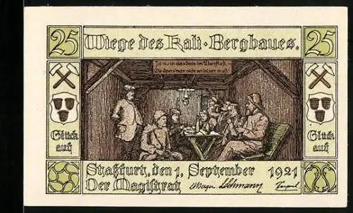 Notgeld Stassfurt 1921, 25 Pfennig, Bergmänner bei der Mittagspause