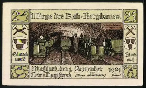 Notgeld Stassfurt 1921, 25 Pfennig, Die Streckenförderung im Berlepsch-Schacht