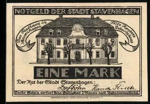 Notgeld Stavenhagen, 1 Mark, Rathaus und Fritz Reuter