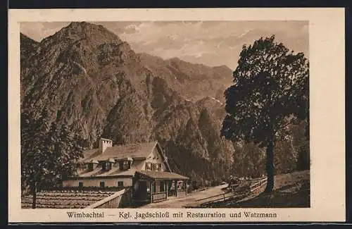 AK Wimbachtal, Kgl. Jagdschloss mit Gasthaus und Watzmann