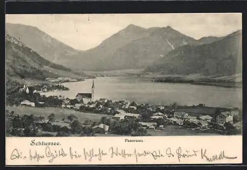 AK Schliersee, Ortspanorama mit See und Bergen