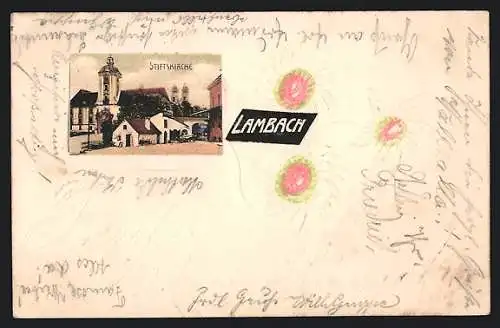 AK Lambach /O.-Oe., handgefertigte Karte, Stiftskirche (Motiv aufgeklebt), Papierkunst Blumen
