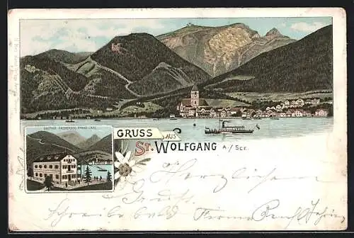 Lithographie St. Wolfgang a. See, Gasthof Erzherzog Franz Carl, Ortsansicht vom See aus