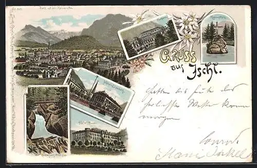 Lithographie Bad Ischl, Hotel Elisabeth, Hotel Bauer, Ortsansicht mit Kaiservilla