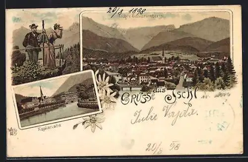 Lithographie Ischl, Esplanade, Gesamtansicht v. Calvarienberge