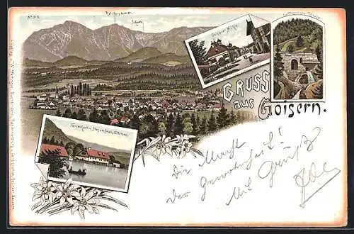 Lithographie Goisern, Chorinsky-Klause, Goiserer-Mühle, Ferienhort in Steg am Hallstättersee