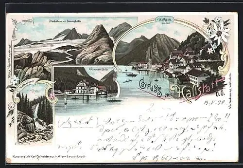 Lithographie Hallstatt, Ortsansicht mit See, Gosaumühle, Dachstein mit Simonyhütte