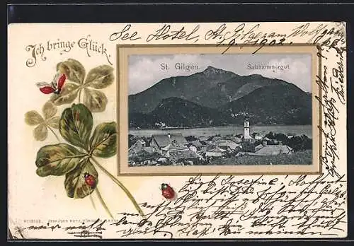 Lithographie St. Gilgen /Salzkammergut, Ortsansicht gegen die Berge, Marienkäfer und Glücksklee