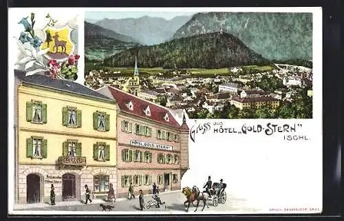 Künstler-AK Bad Ischl, Hotel und Restaurant Goldener Stern, Ortsansicht