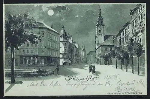 Mondschein-Lithographie Graz, Ortspartie mit Wasserbecken und Uhrenturm