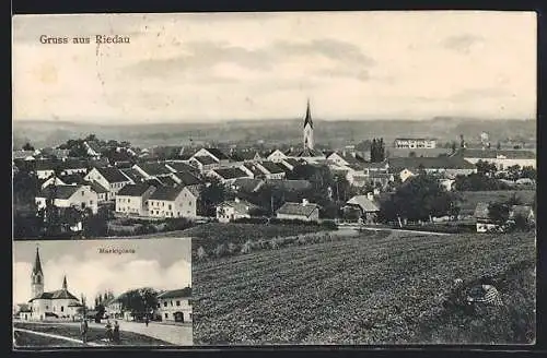 AK Riedau, Marktplatz, Ortsansicht mit Kirche