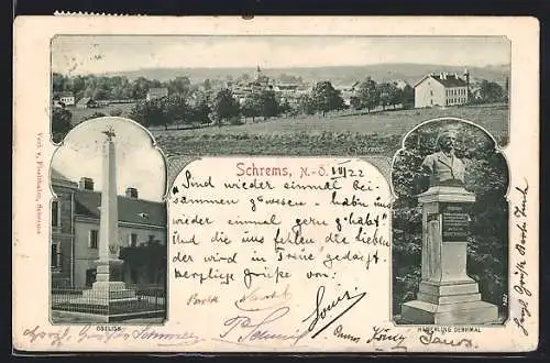 AK Schrems /N.-Ö., Obelisk, Hamerling-Denkmal, Ortsansicht