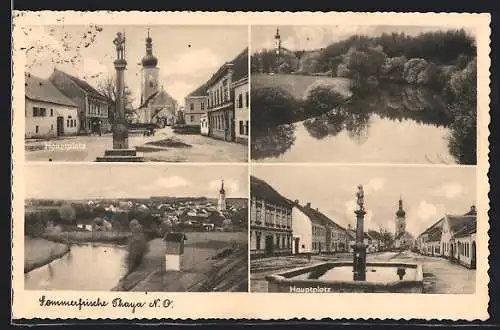 AK Thaya /N. Ö., Hauptplatz mit Brunnen und Kirche