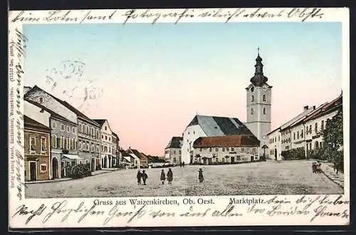 AK Waizenkirchen /Ob.-Oest., Marktplatz mit Kirche