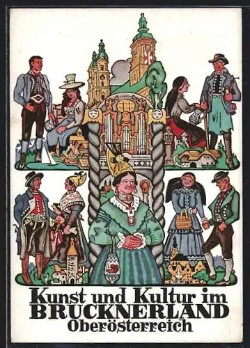Künstler-AK Linz a. d. D.-St. Florian-Steyr, Österreichisches Brucknerfest 1936, Kirche und Frau in Tracht