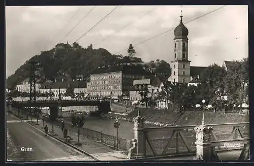 AK Graz, Ortspartie mit Brücken, Kirche