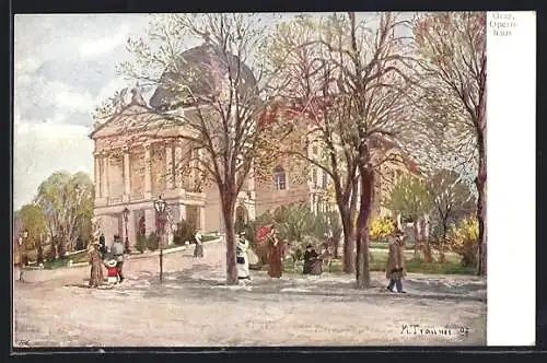 Künstler-AK Graz, Passanten am Opernhaus