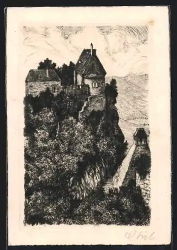 Künstler-AK Aggstein in der Wachau, Ruine mit Bäumen